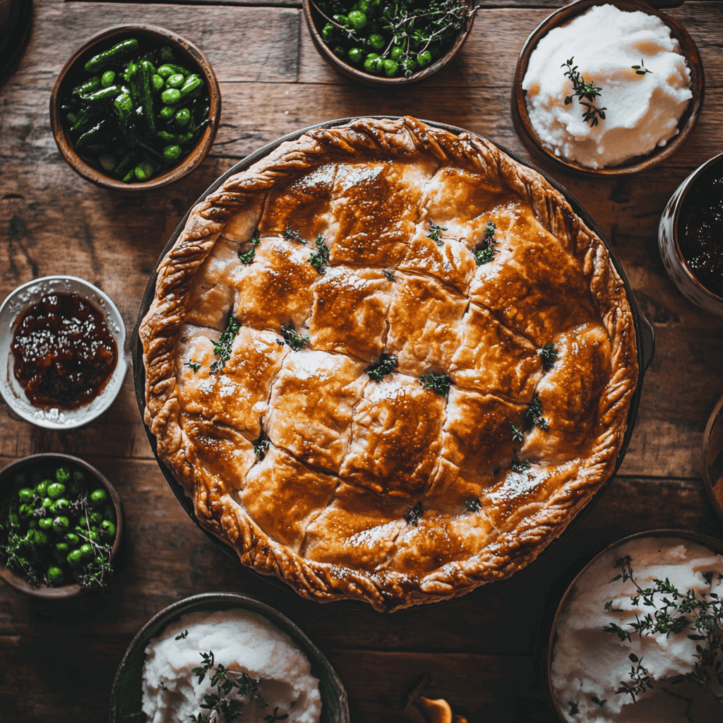 Golden chicken and mushroom pie with classic side dishes.What to eat with a chicken and mushroom pie