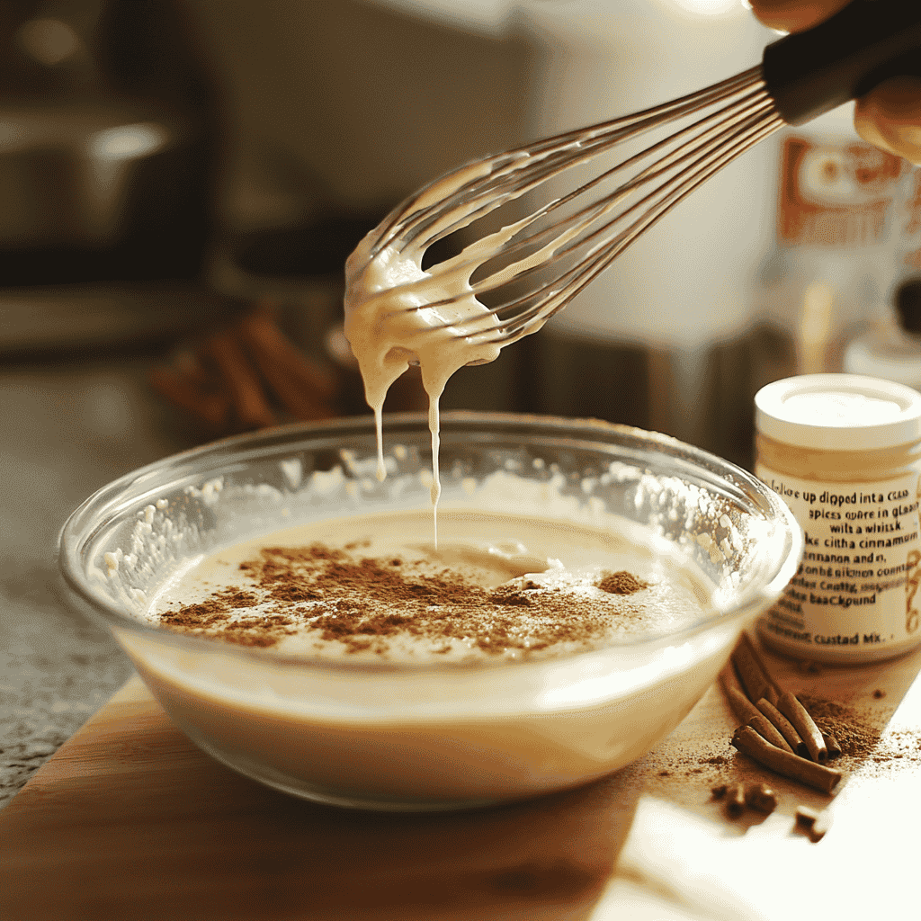 Bagel slices being dipped into custard mix for French toast.