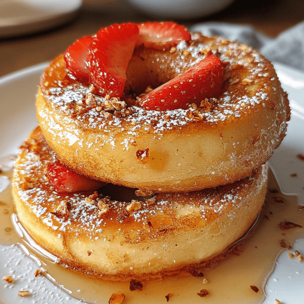 A close-up of two French toast bagels stacked on a white plate, garnished with fresh strawberry slices, powdered sugar, and drizzled with syrup.
