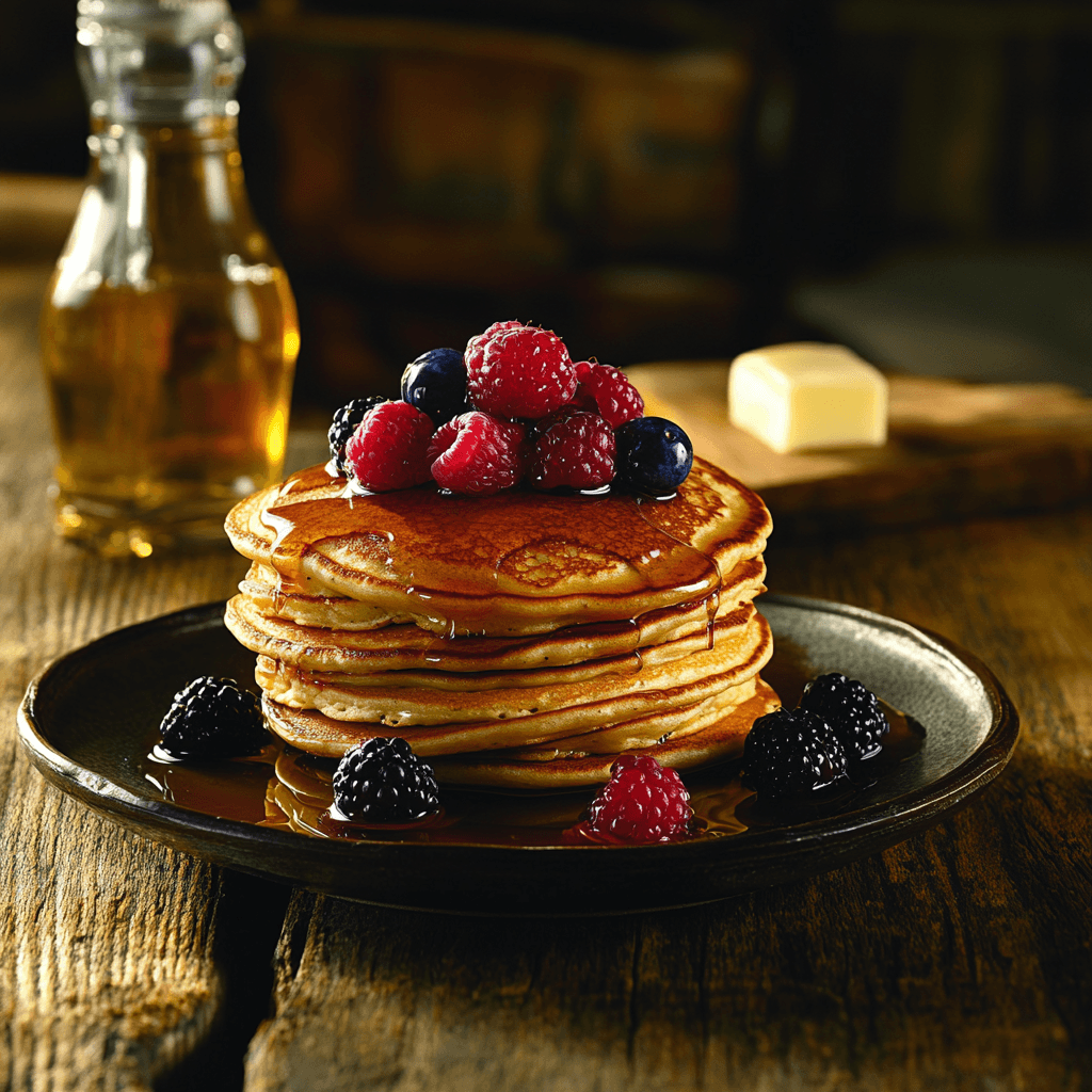 Golden pancakes topped with berries and syrup with vegetable oil and butter in the background.