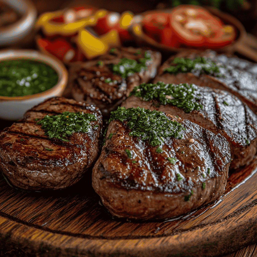 Grilled picanha steaks with golden fat cap on a rustic platter.