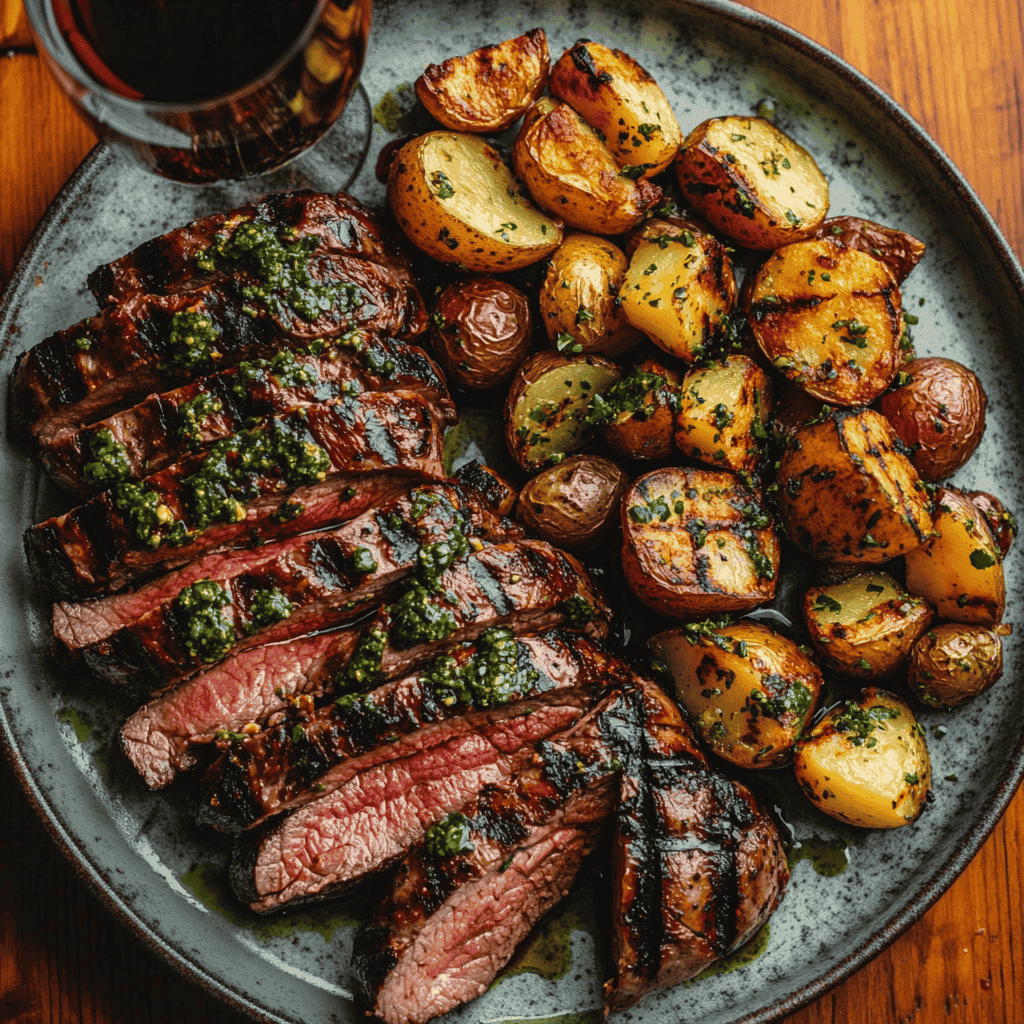 Grilled picanha slices with chimichurri sauce and roasted potatoes.
