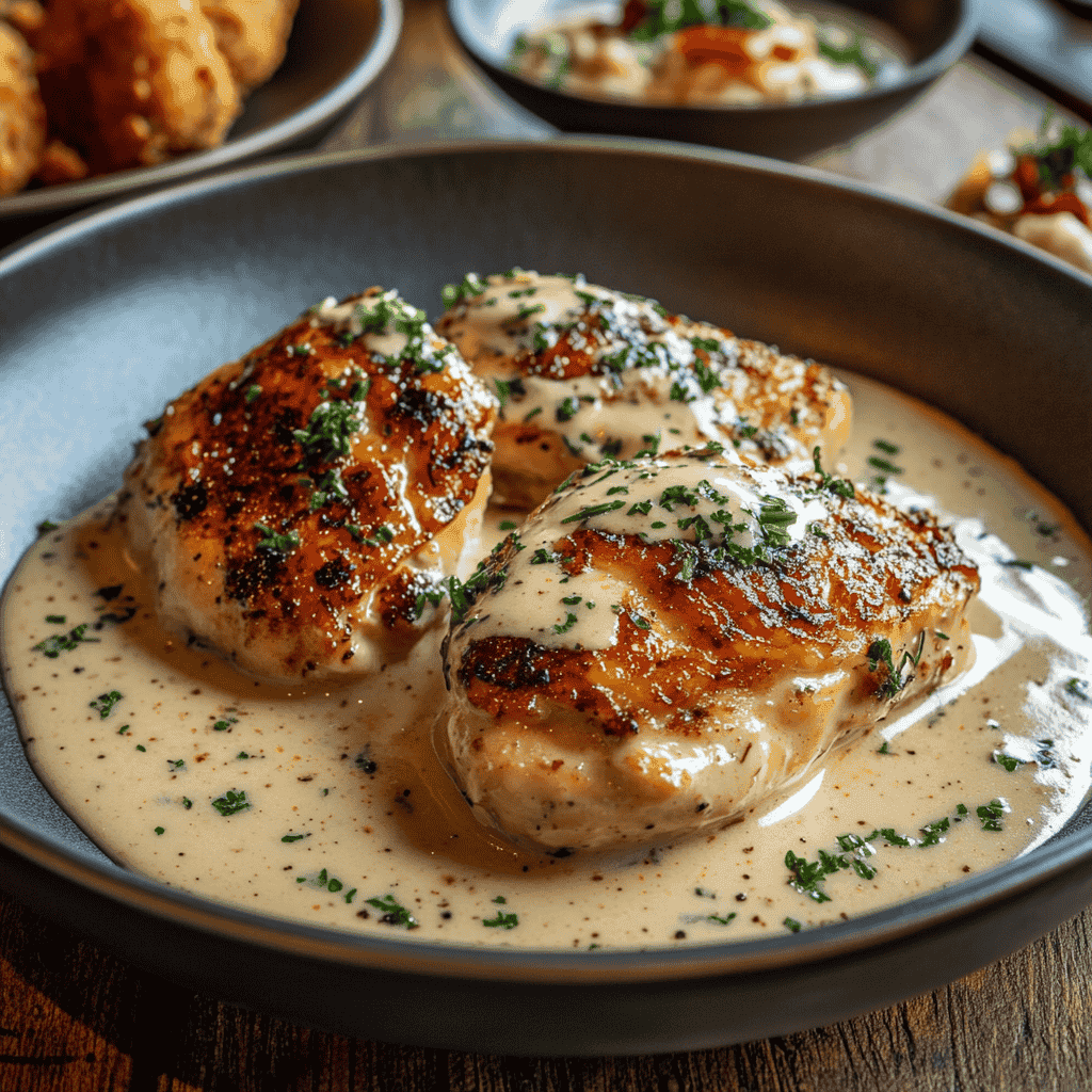 A plate of Marry Me Chicken with thick, creamy sauce and garnished with parsley.