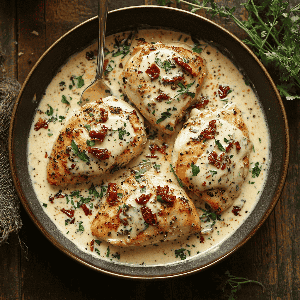 Marry Me Chicken with creamy sauce and sun-dried tomatoes garnished with herbs.
