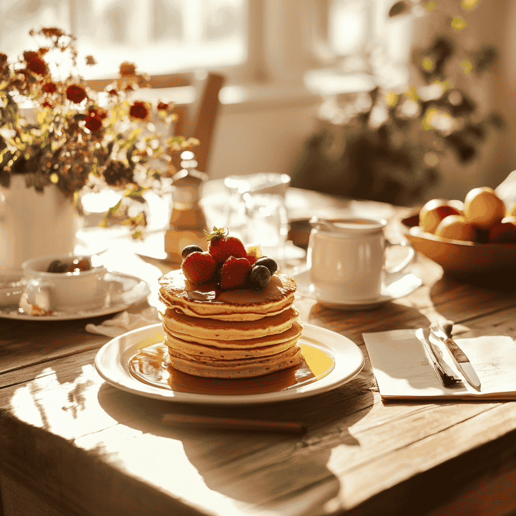 Fluffy pancakes stacked on a table with syrup and fruits for a crowd.