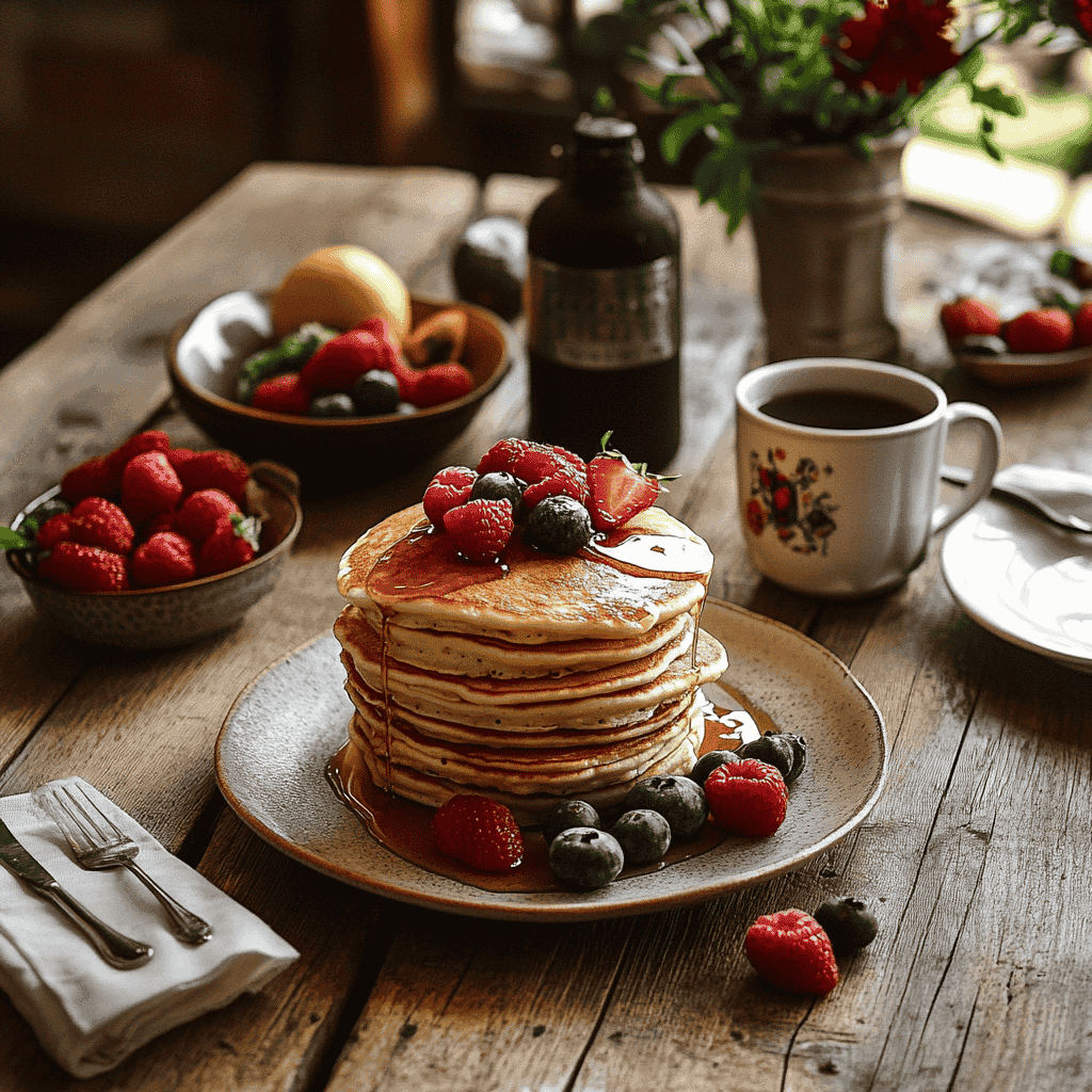 A stack of golden small pancakes topped with berries and syrup