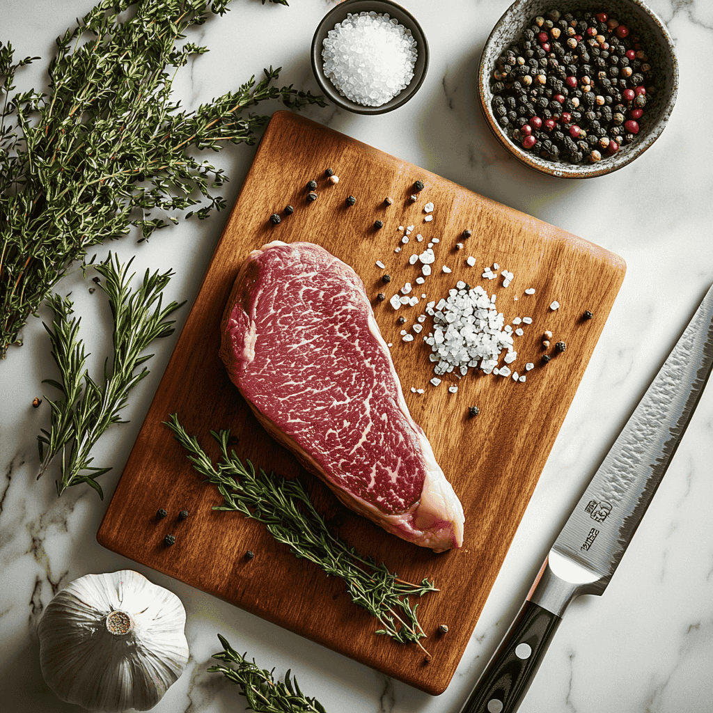 Raw coulotte steak with fresh herbs on a butcher’s board.