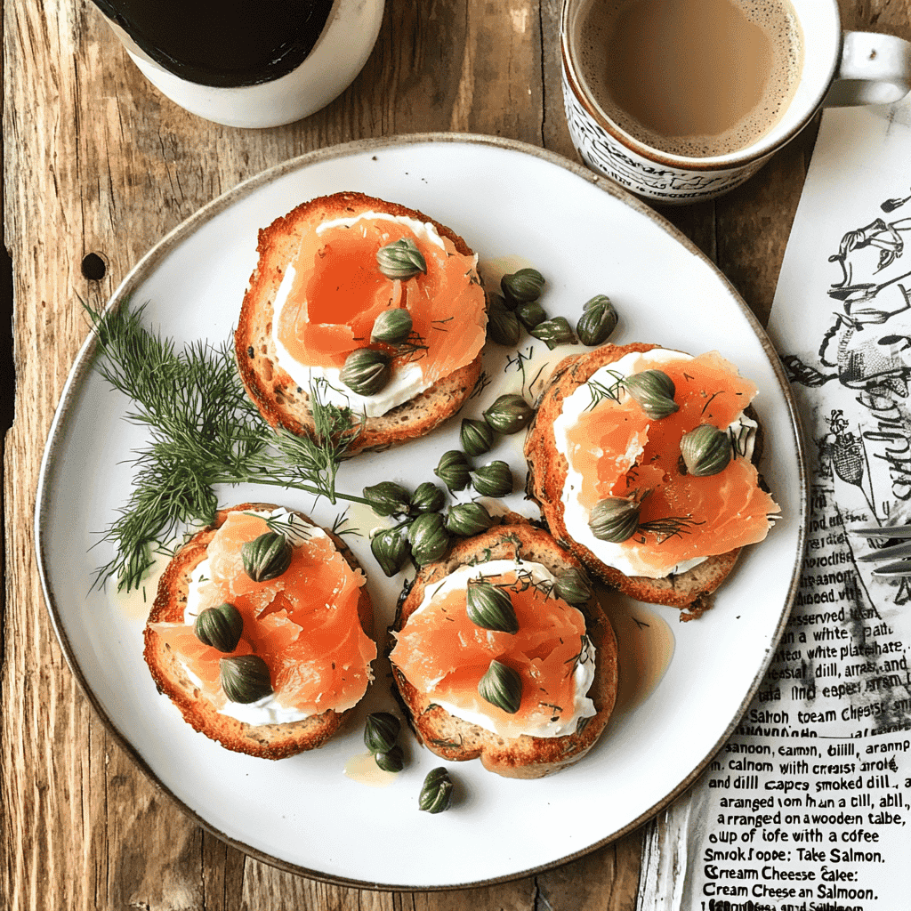 Savory bagel French toast topped with cream cheese and smoked salmon.