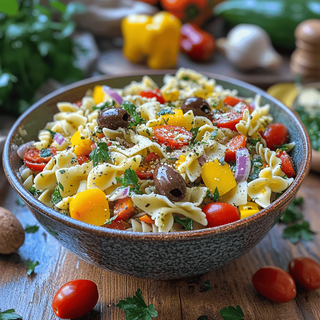 Pasta salad garnished with vegetables and Salad Supreme seasoning