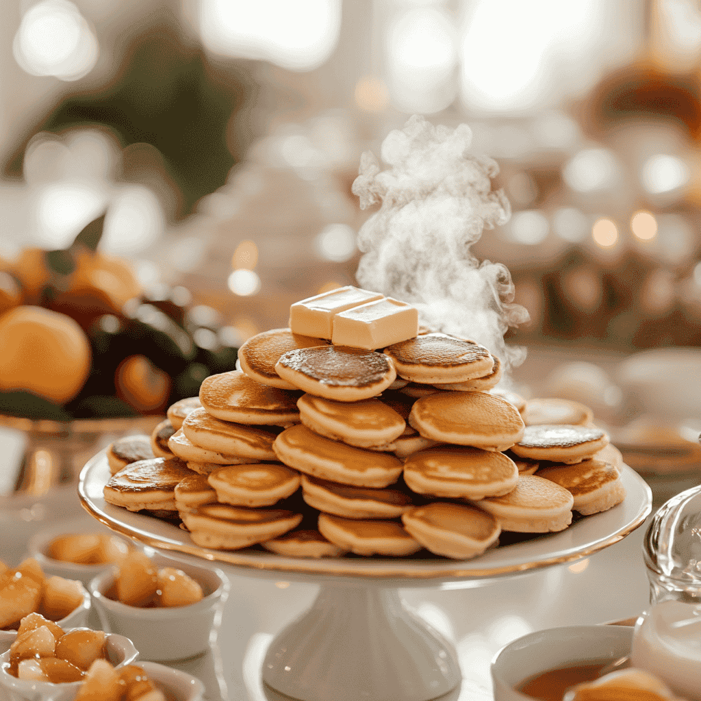 Warm mini pancakes with steam rising, served on a party table.