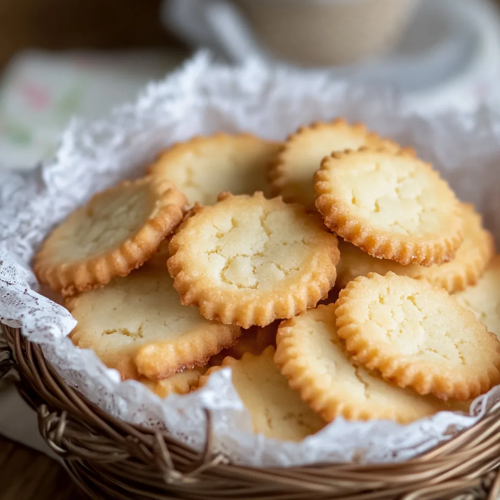 Basket filled with golden, buttery cookies with scalloped edges, placed on a table with soft background lighting