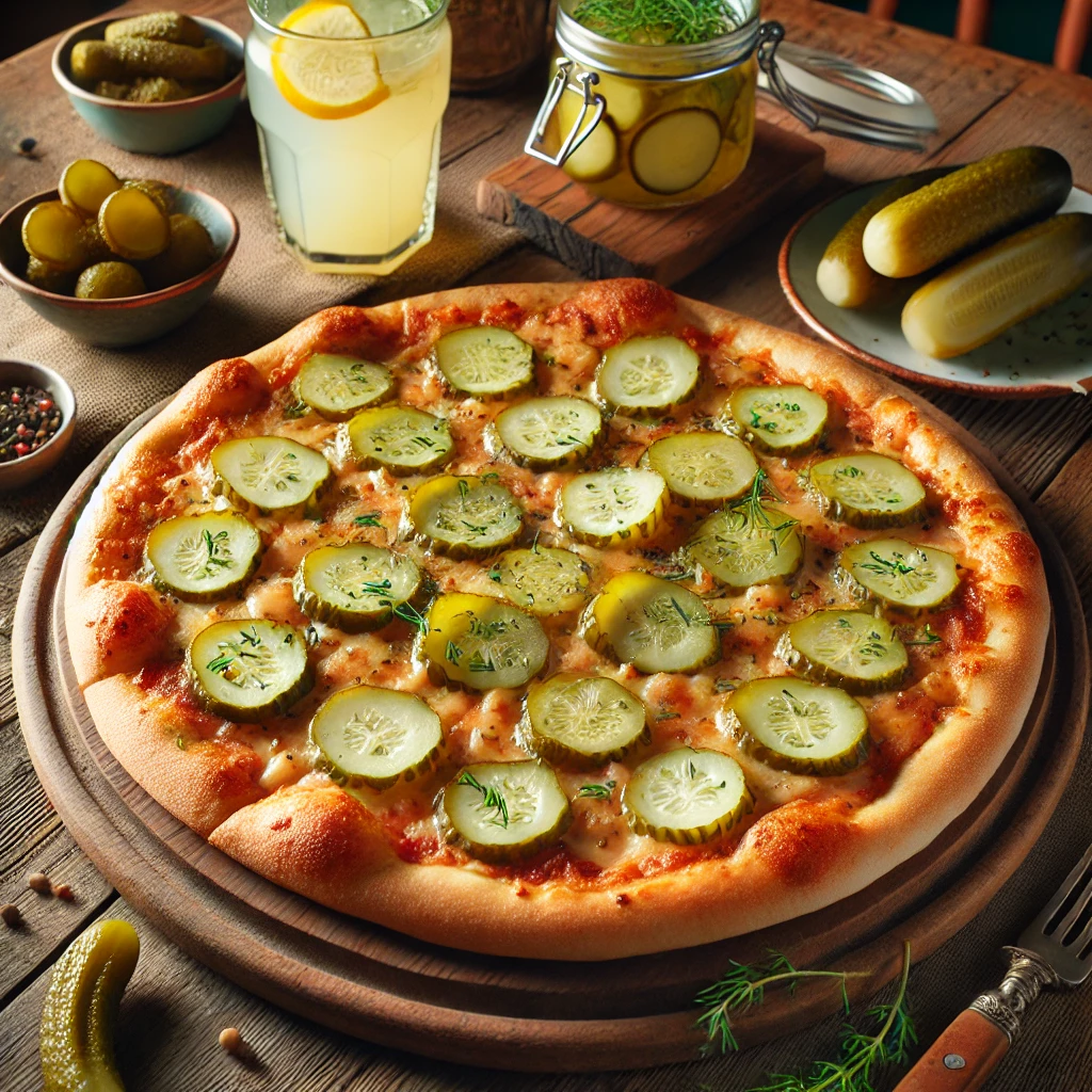 A freshly baked pickle pizza featuring a golden-brown crust, melted cheese, and generous slices of pickles, served on a rustic wooden pizza board in a cozy kitchen setting.