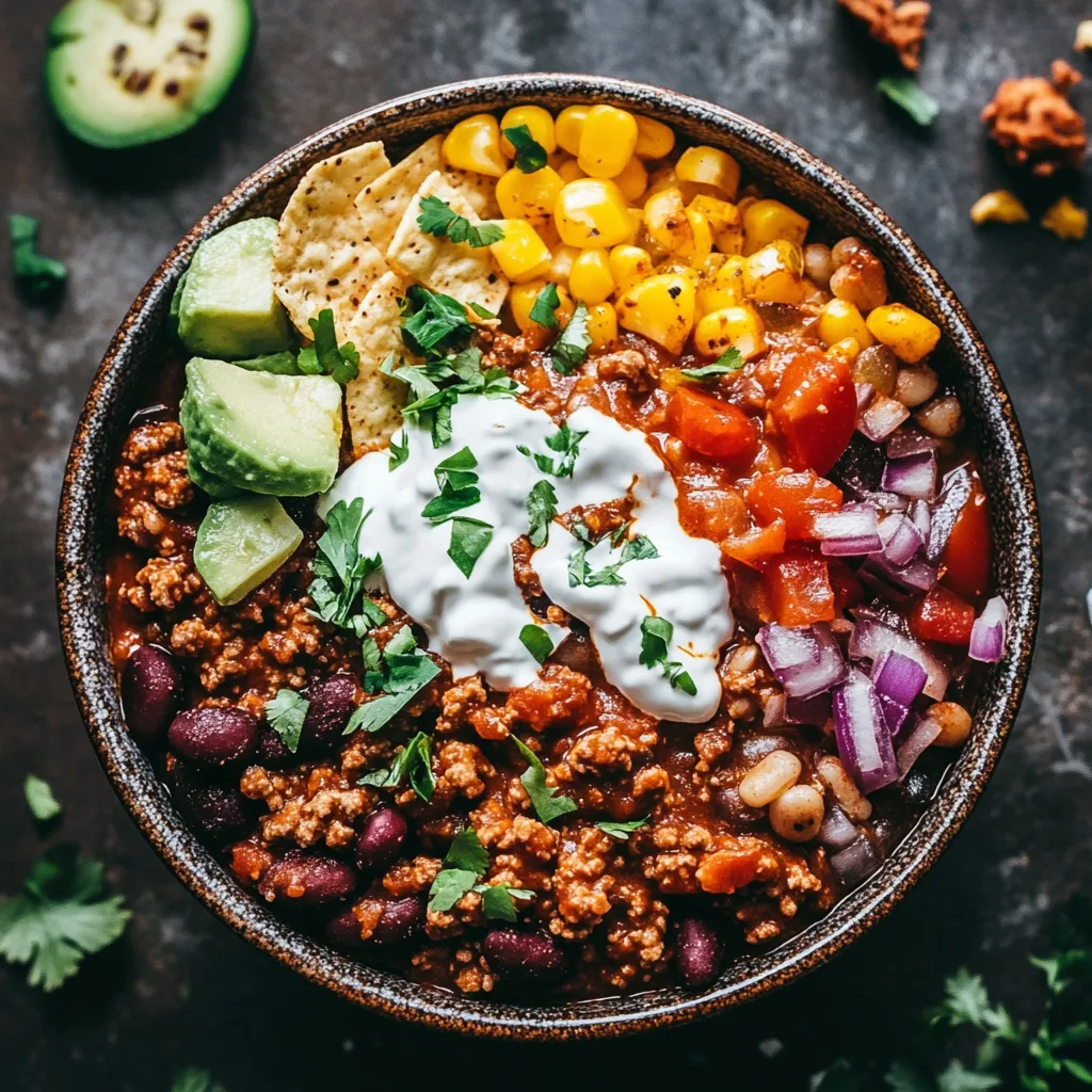 Chili with beans topped with sour cream, avocado, corn, tomatoes, red onions, and tortilla chips in a rustic bowl.