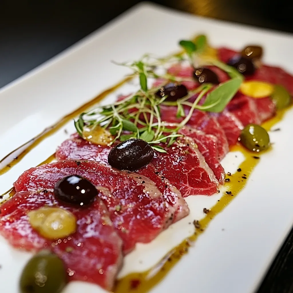 Thinly sliced beef carpaccio served on a white plate, garnished with olives, microgreens, mustard dollops, and olive oil drizzle.Most Expensive Steak