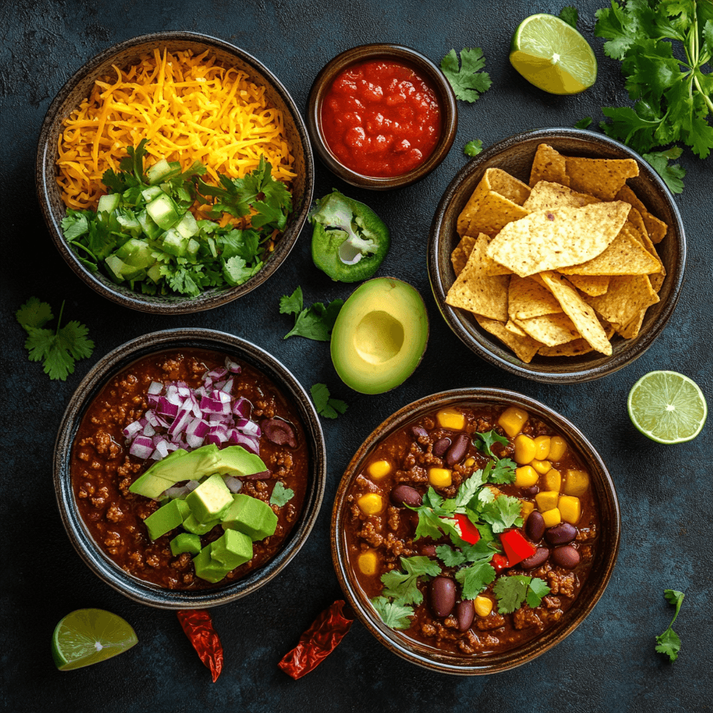 Two bowls of chili with assorted toppings like avocado, cheese, onions, corn, and tortilla chips, surrounded by fresh lime and cilantro