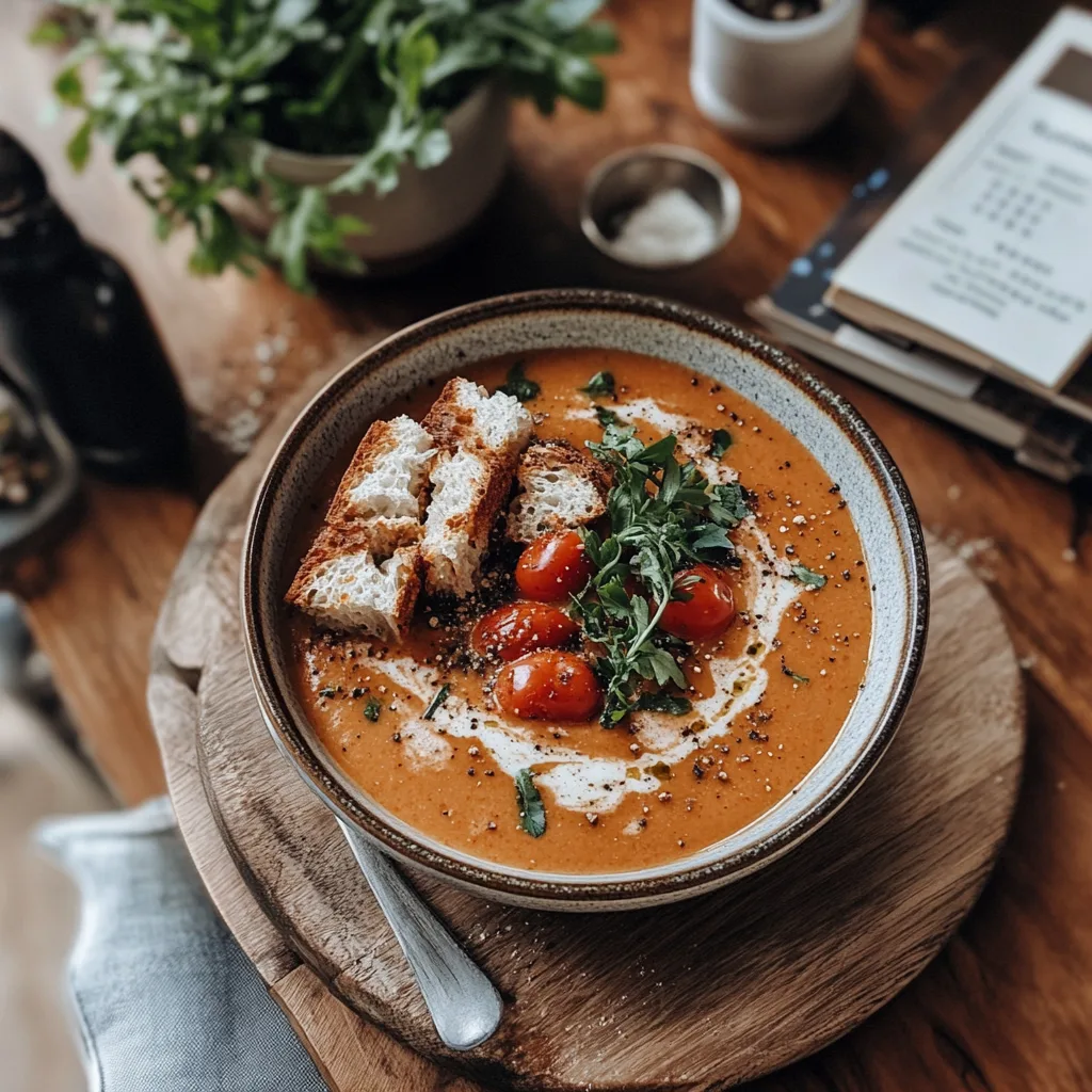 A bowl of creamy tomato soup garnished with roasted cherry tomatoes, croutons, fresh herbs, and a swirl of cream, served on a wooden board