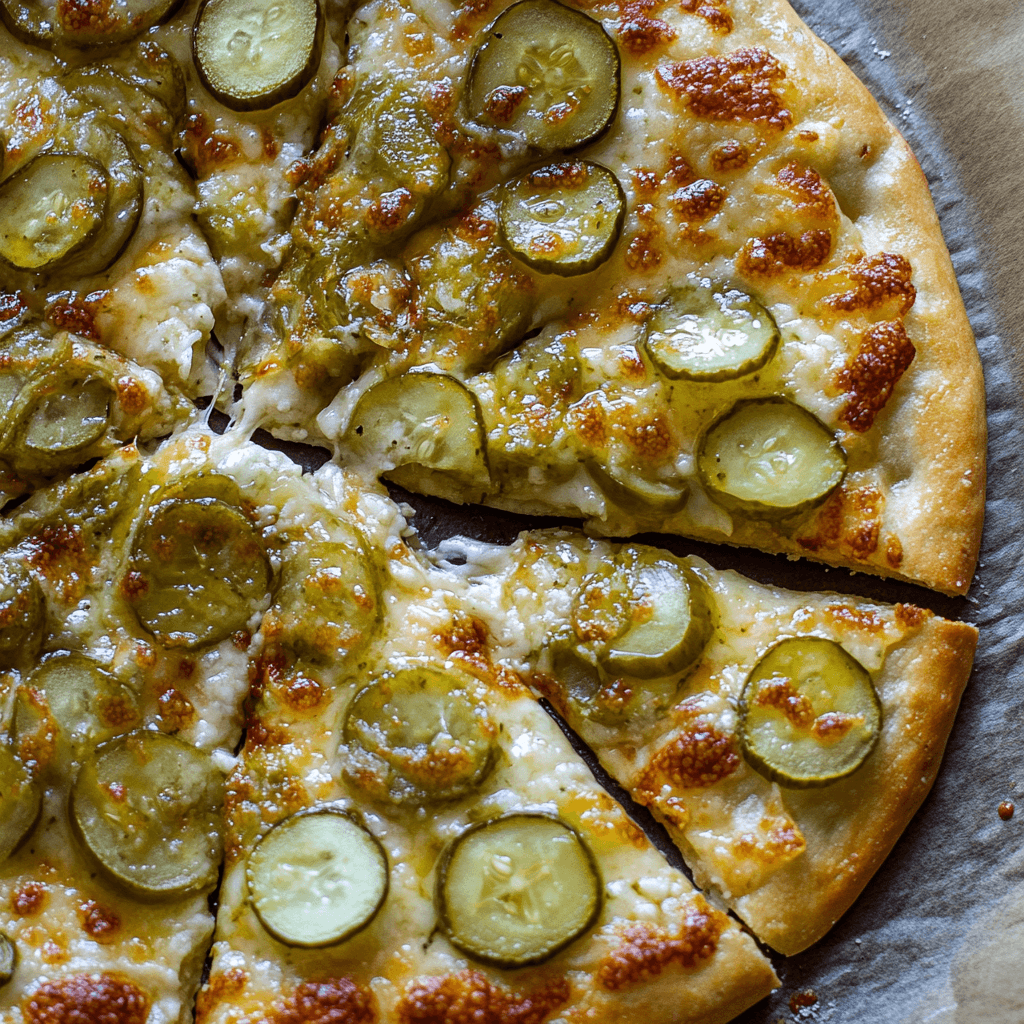 A close-up view of a freshly baked pickle pizza featuring golden brown crust, melted cheese, and thick slices of pickles arranged evenly on top. The pizza is sliced and served on a white plate, showcasing its crispy edges and savory toppings.