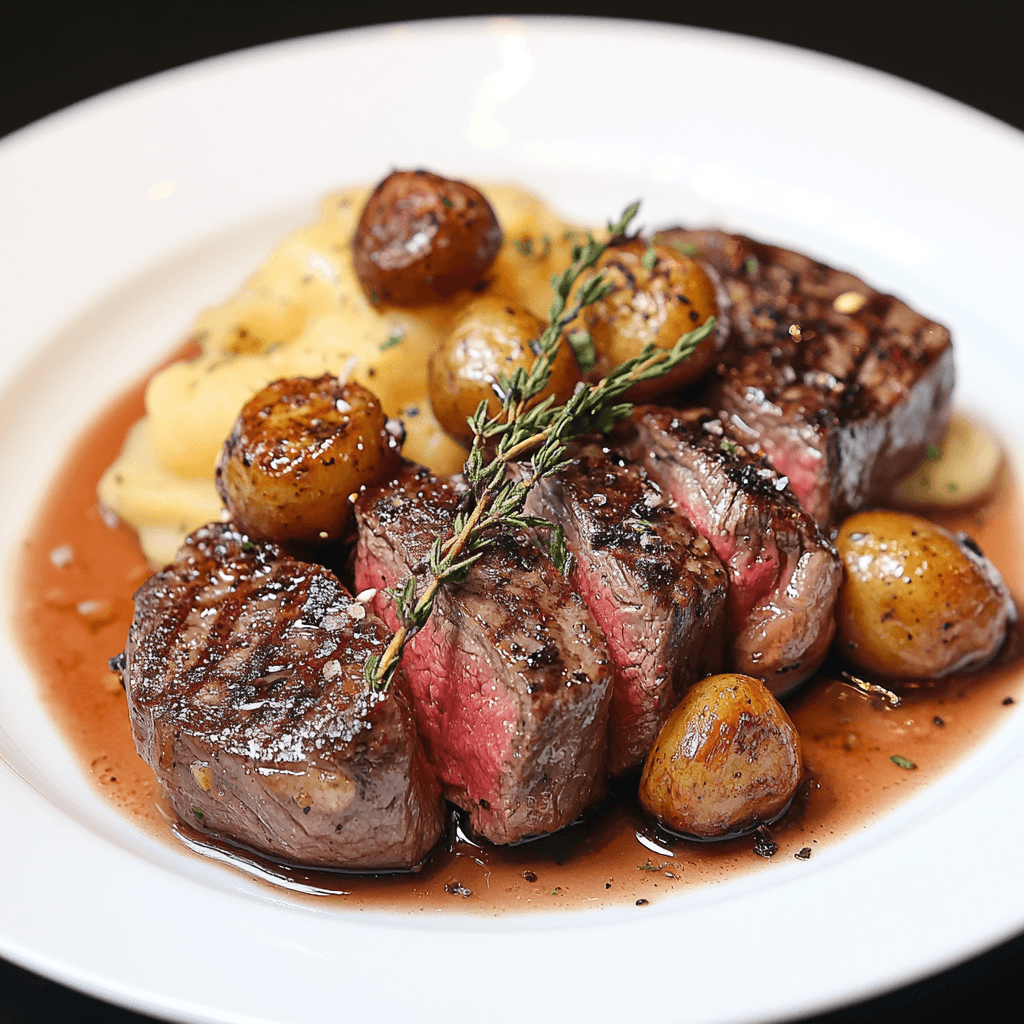 Grilled Coulotte steak sliced into tender, medium-rare pieces, arranged on a white plate. The steak is garnished with fresh thyme sprigs and served alongside roasted baby potatoes and creamy mashed potatoes. A rich, glossy red wine reduction sauce pools elegantly beneath the steak and sides, completing the presentation.