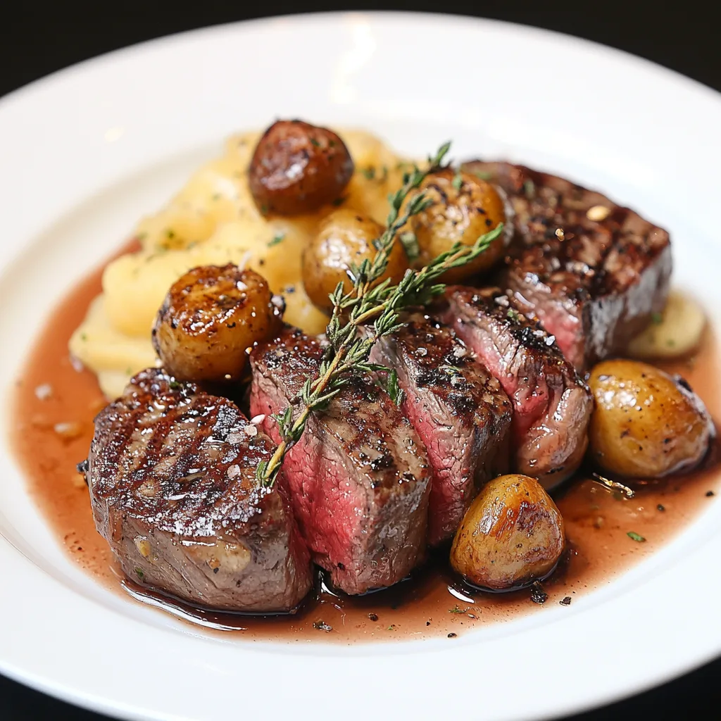Grilled Coulotte steak sliced into tender, medium-rare pieces, arranged on a white plate. The steak is garnished with fresh thyme sprigs and served alongside roasted baby potatoes and creamy mashed potatoes. A rich, glossy red wine reduction sauce pools elegantly beneath the steak and sides, completing the presentation.