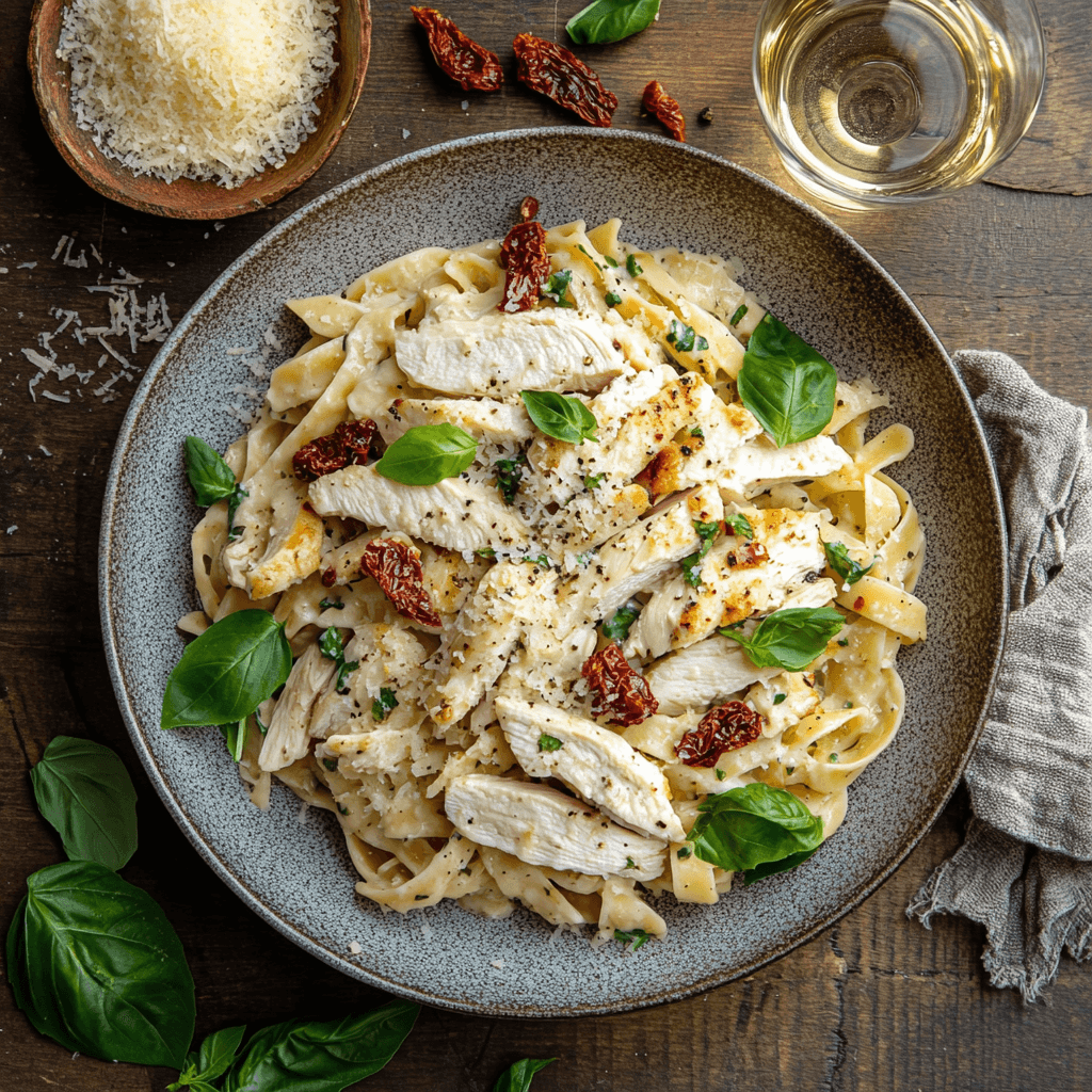 Marry Me Chicken Pasta beautifully plated with fresh herbs and Parmesan.