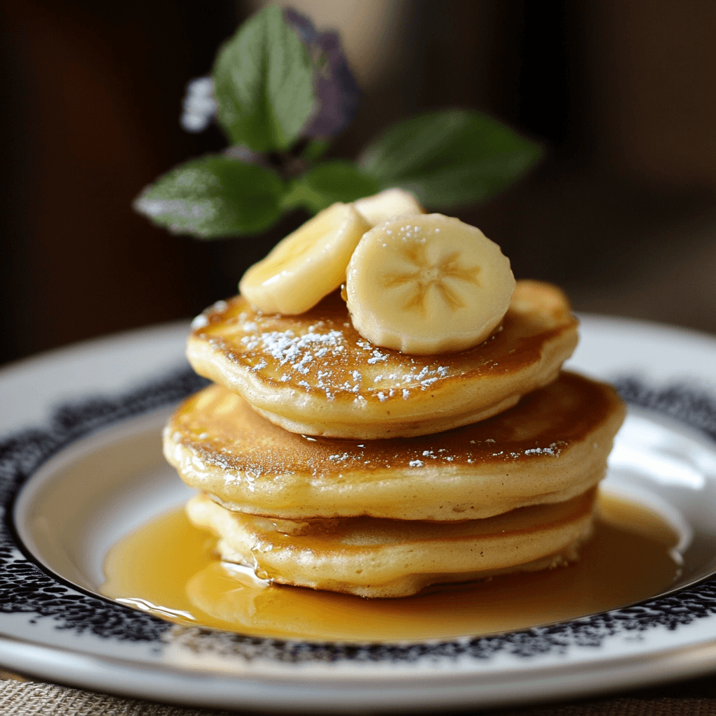 Stack of fluffy mini pancakes topped with banana slices and a drizzle of syrup, garnished with powdered sugar and a sprig of fresh mint, served on a decorative plate.