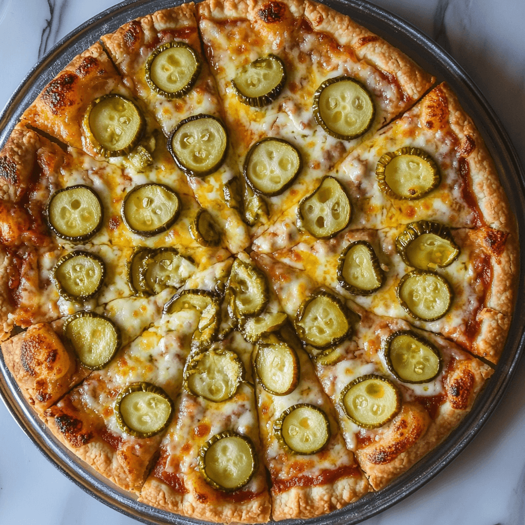 A close-up view of a freshly baked pickle pizza featuring golden brown crust, melted cheese, and thick slices of pickles arranged evenly on top. The pizza is sliced and served on a white plate, showcasing its crispy edges and savory toppings.