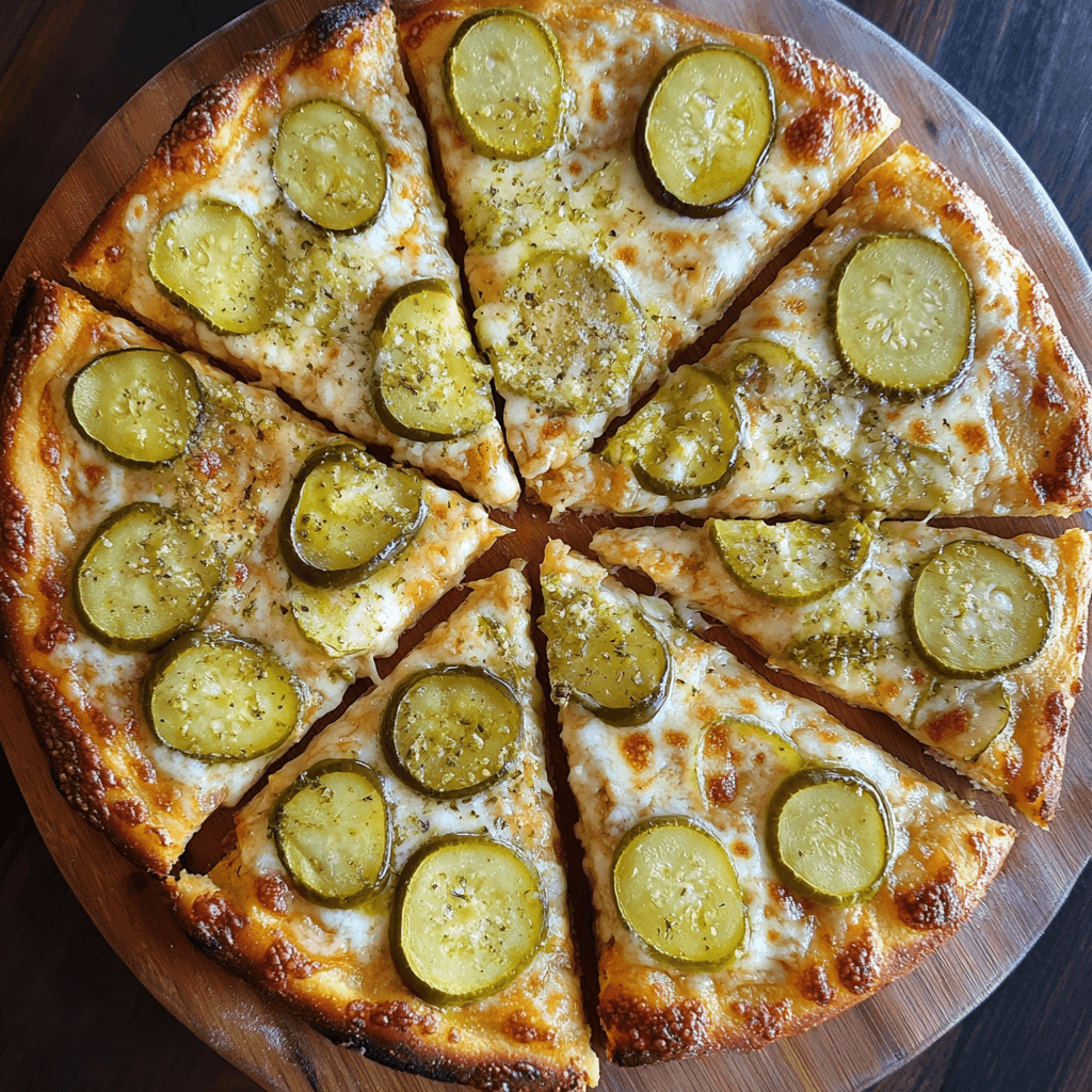 A close-up image of a freshly baked pickle pizza, featuring a golden-brown crust, melted cheese, and evenly arranged slices of dill pickles. The pizza is garnished with herbs and spices, highlighting its tangy, savory, and creamy flavor profile.