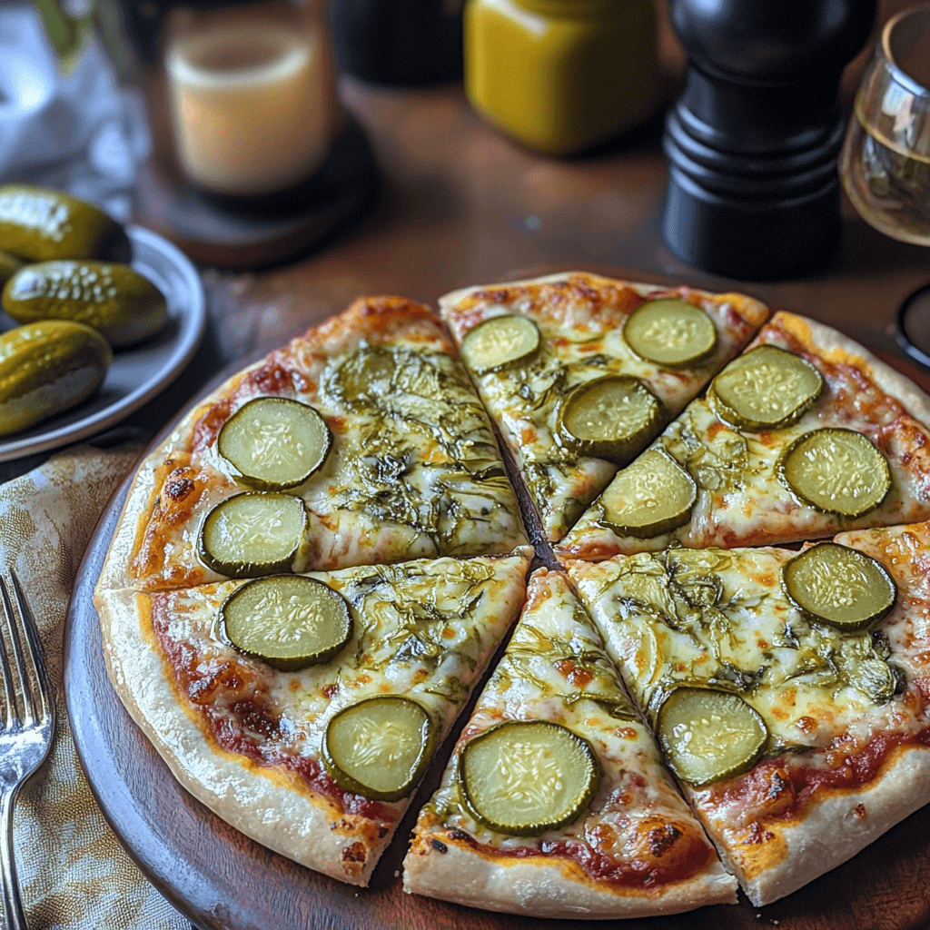 "A freshly baked pickle pizza sliced into eight pieces, featuring a golden crust, melted cheese, dill seasoning, and large pickle slices evenly distributed across the surface. The pizza is presented in a cozy dining setting with warm lighting in the background."