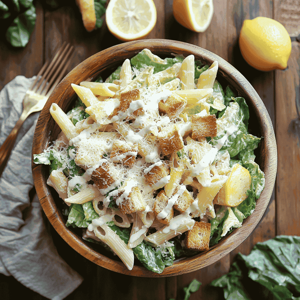 Caesar Pasta Salad with Croutons and Parmesan