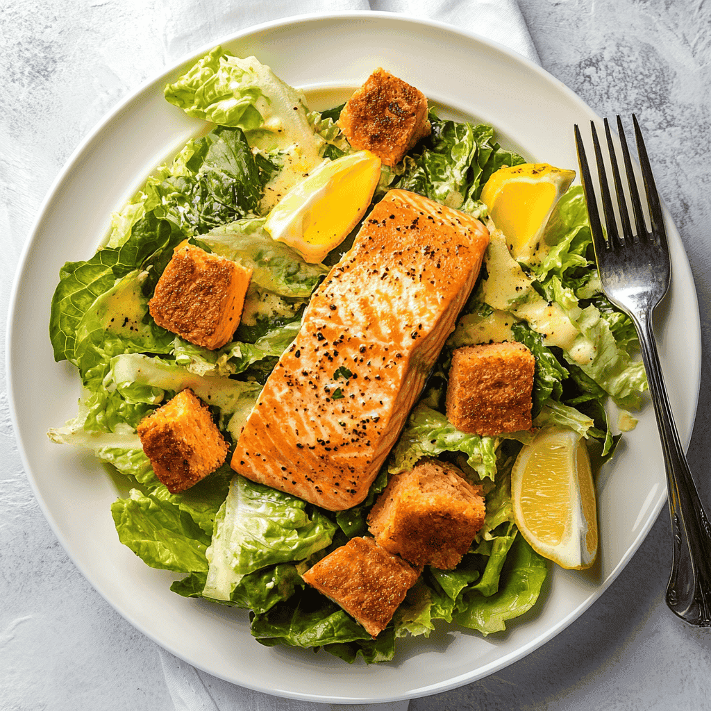 Caesar salad with pan-seared salmon variation.