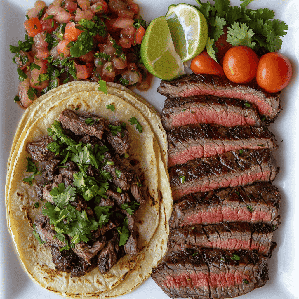 Flap steak tacos and flank steak roulades on a white plate.