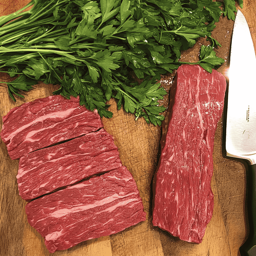 Raw flap steak and flank steak side by side on a butcher's board.