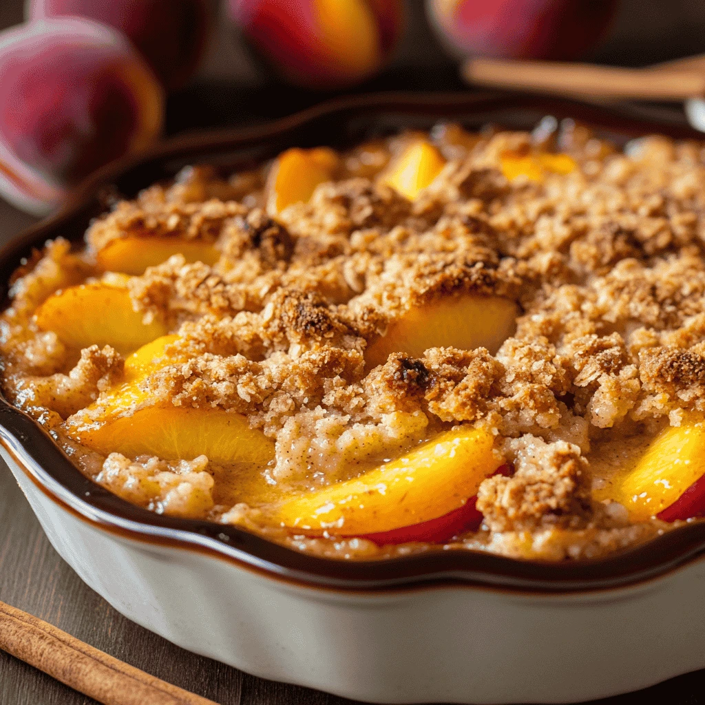 Golden peach crumble recipe in a ceramic dish with crispy topping and juicy peaches