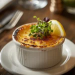 Gourmet crab brûlée recipe in a white ramekin with a caramelized top.