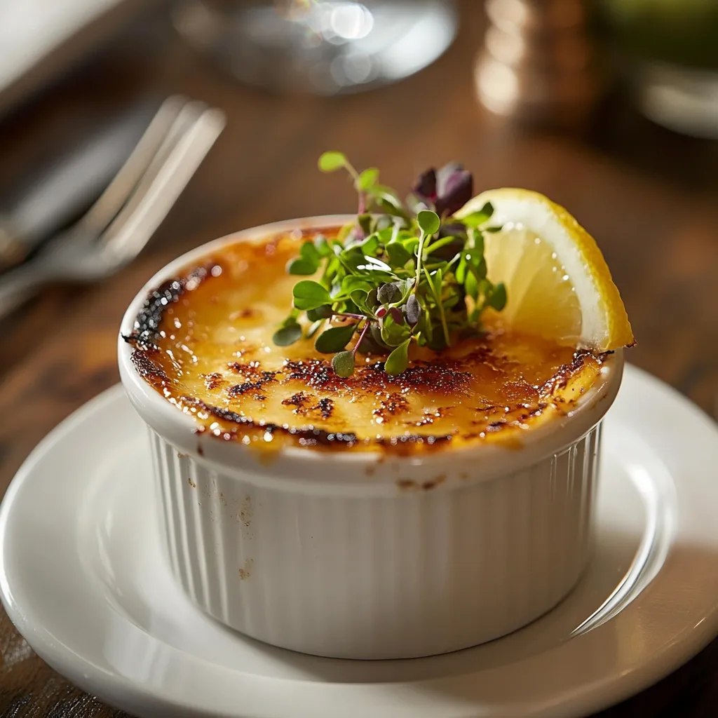 Gourmet crab brûlée recipe in a white ramekin with a caramelized top.