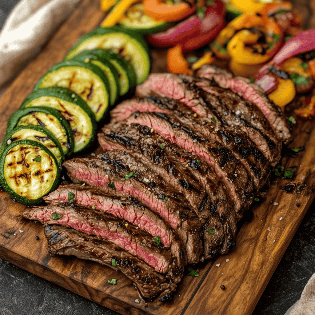 Grilled flap steak sliced against the grain with grilled vegetables.
