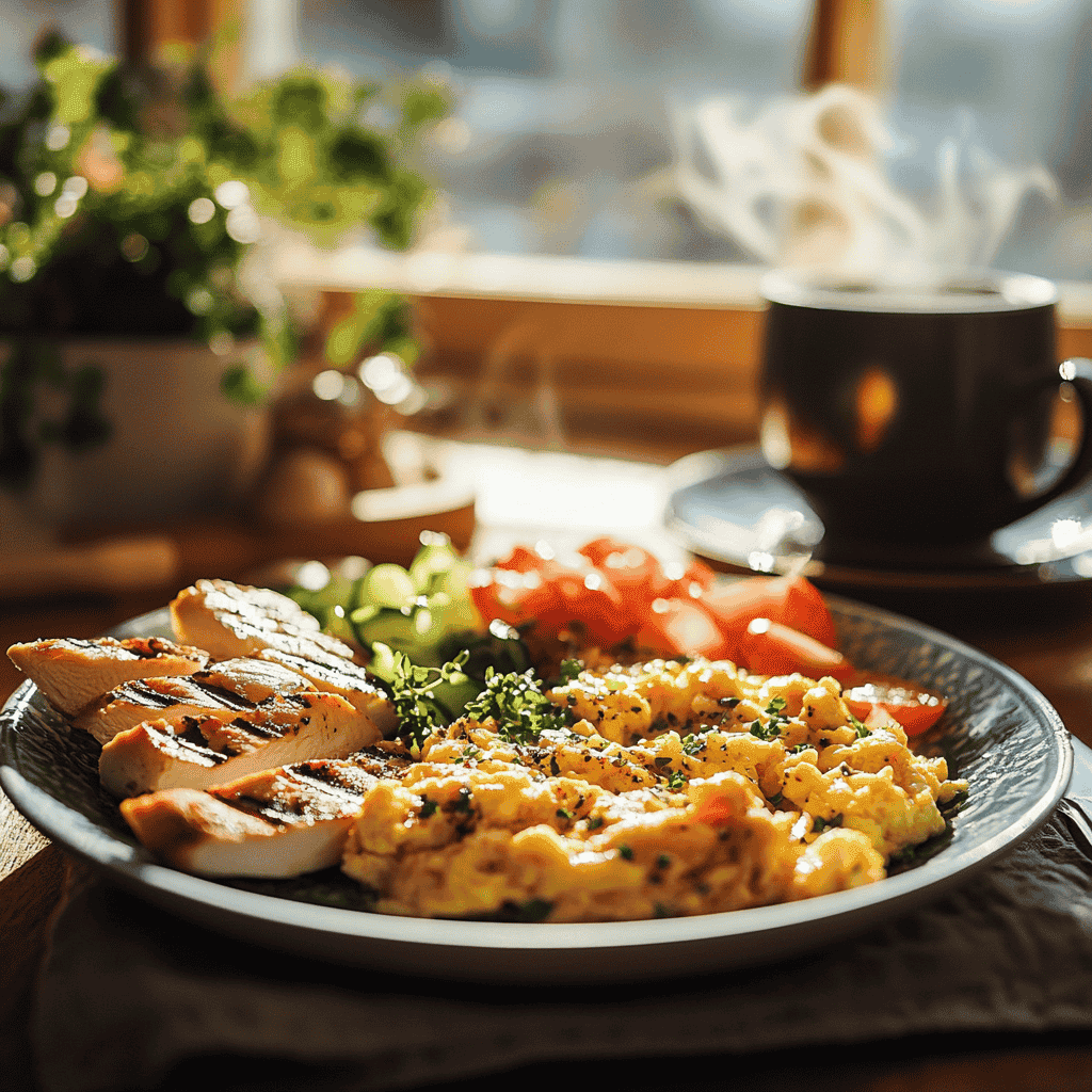 Breakfast table with eggs and chicken.