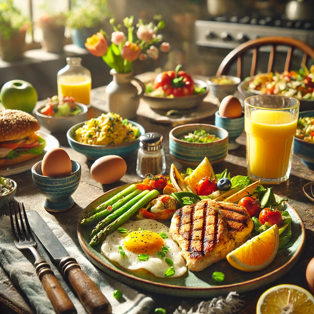 A balanced breakfast with chicken, eggs, and fresh veggies