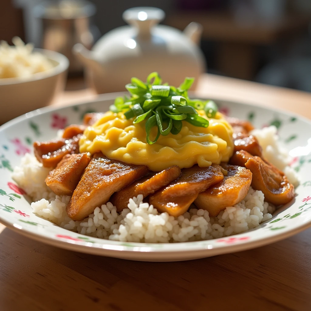 Oyako Donburi dish with chicken, eggs, and rice.