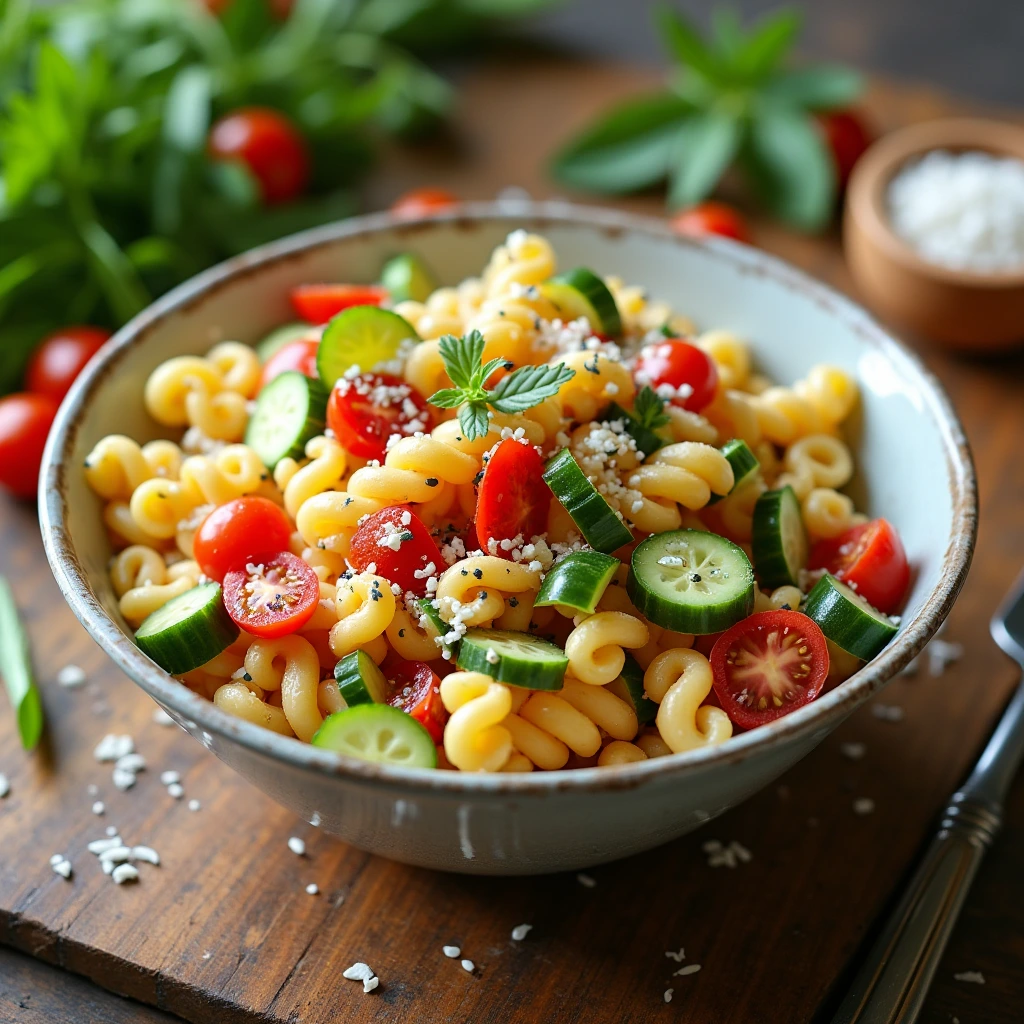 Pasta salad with Salad Supreme seasoning and fresh vegetables.