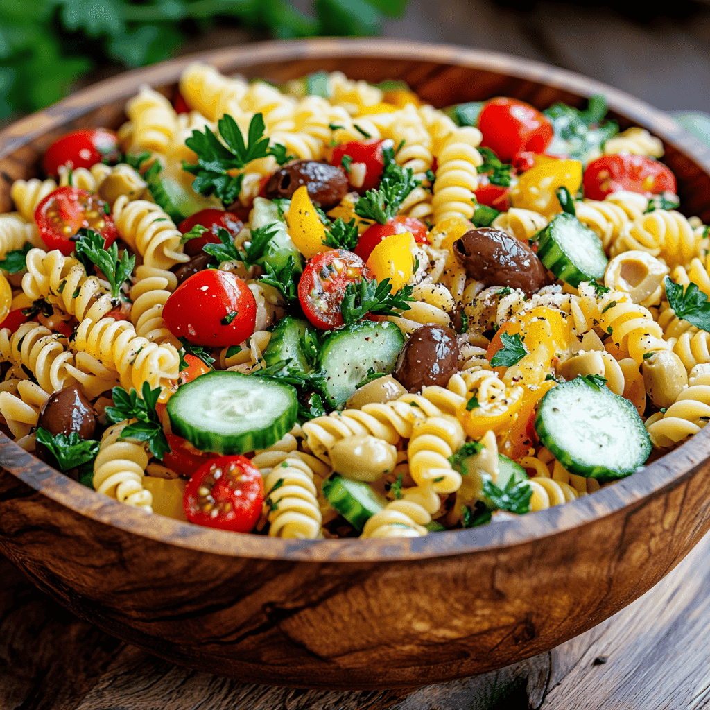 Fresh and colorful pasta salad with vegetables and dressing.