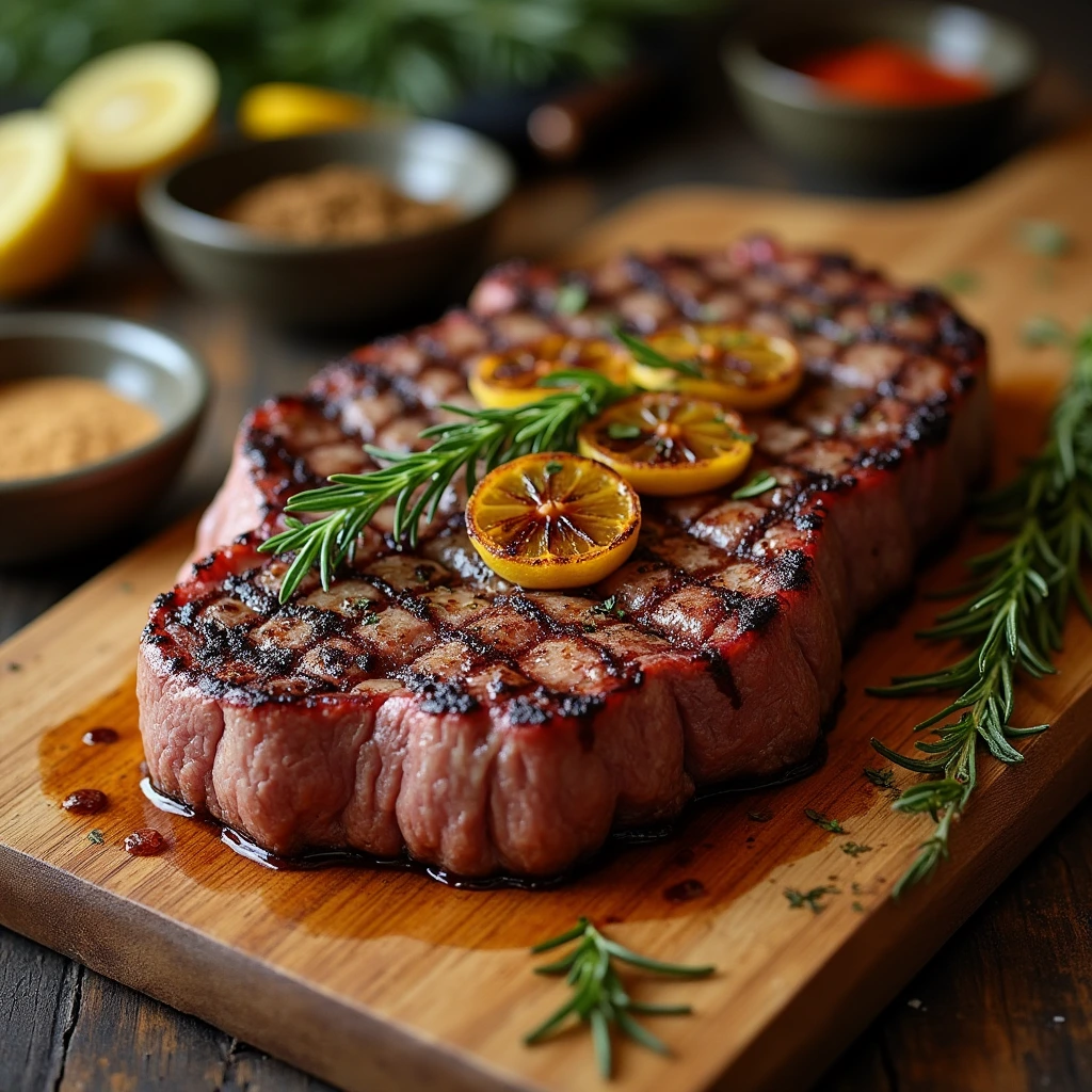 Grilled flap steak garnished with rosemary and lemon on a cutting board.