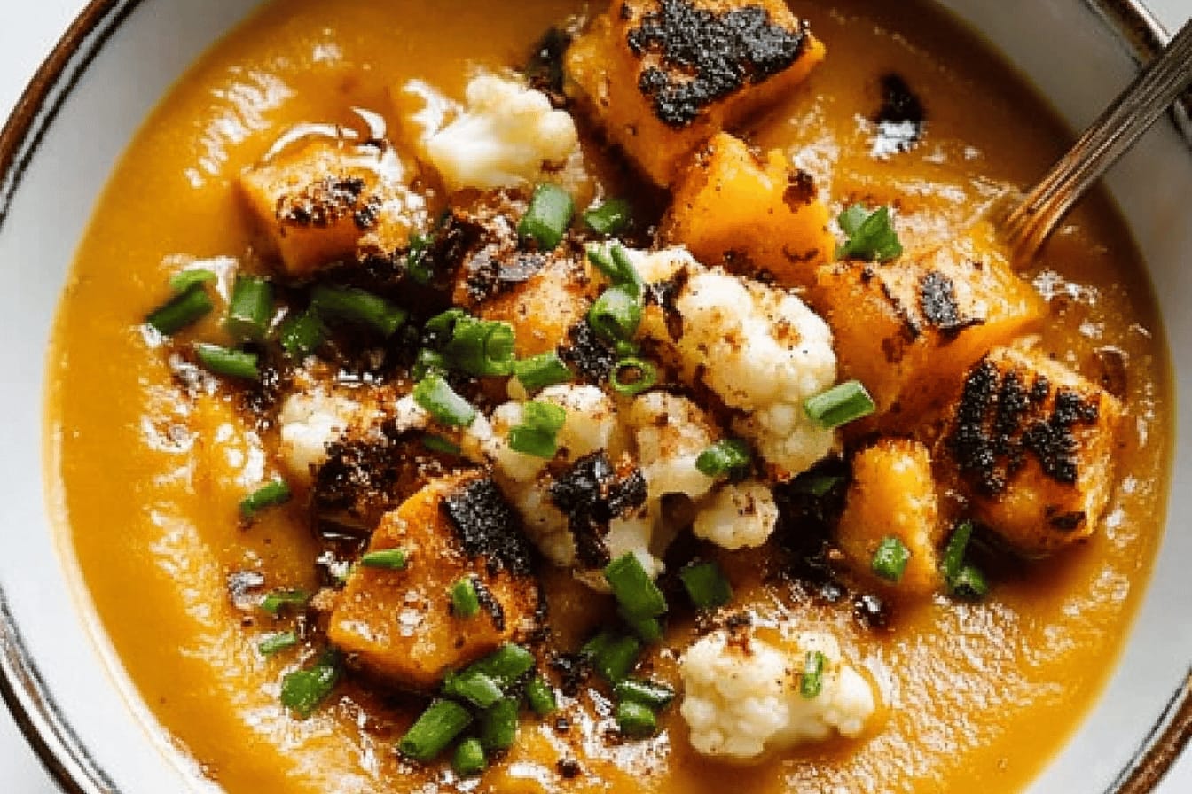 Creamy Sweet Potato Soup with Cauliflower Crumbles