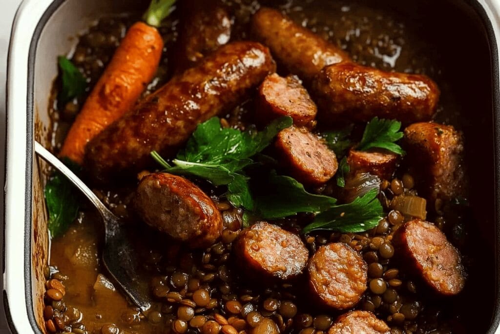 One-Pan Baked Sausage and Lentils Recipe