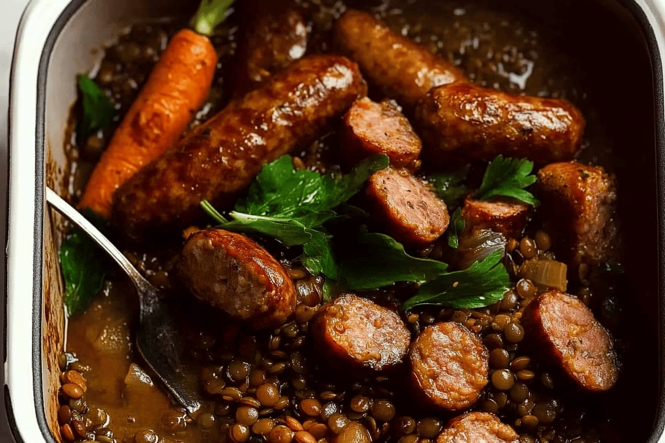 One-Pan Baked Sausage and Lentils Recipe