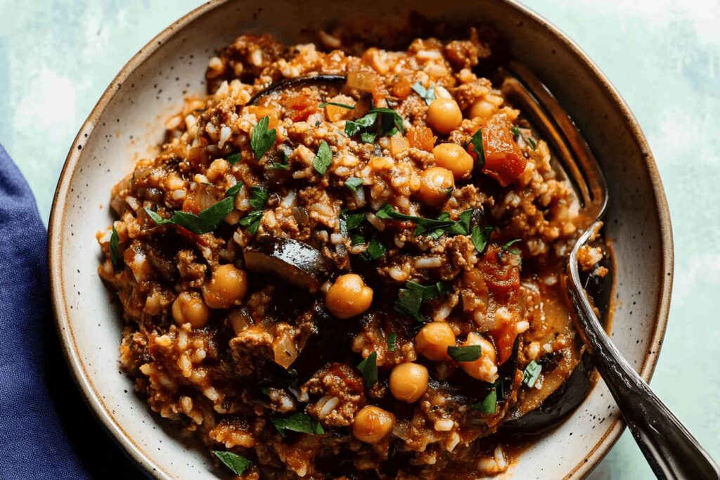 One-Pot Moussaka with Beef and Rice Pilaf