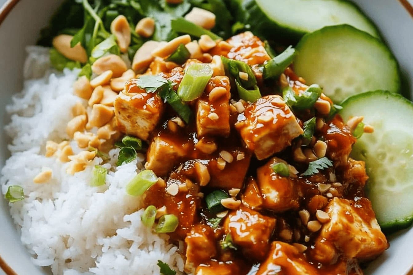 Sticky Gochujang Tofu with Peanuts and Herbs