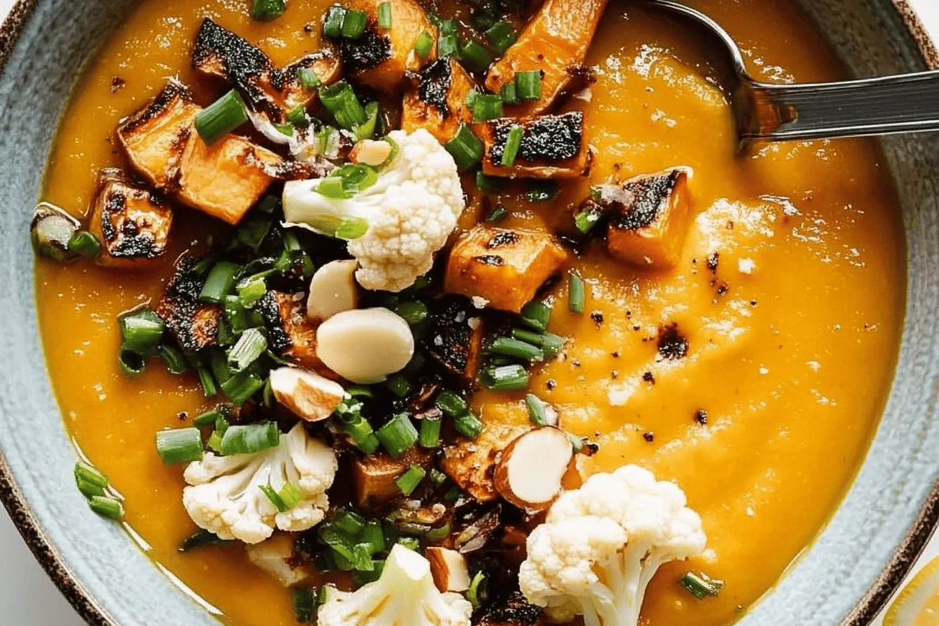 Creamy Sweet Potato Soup with Cauliflower Crumbles