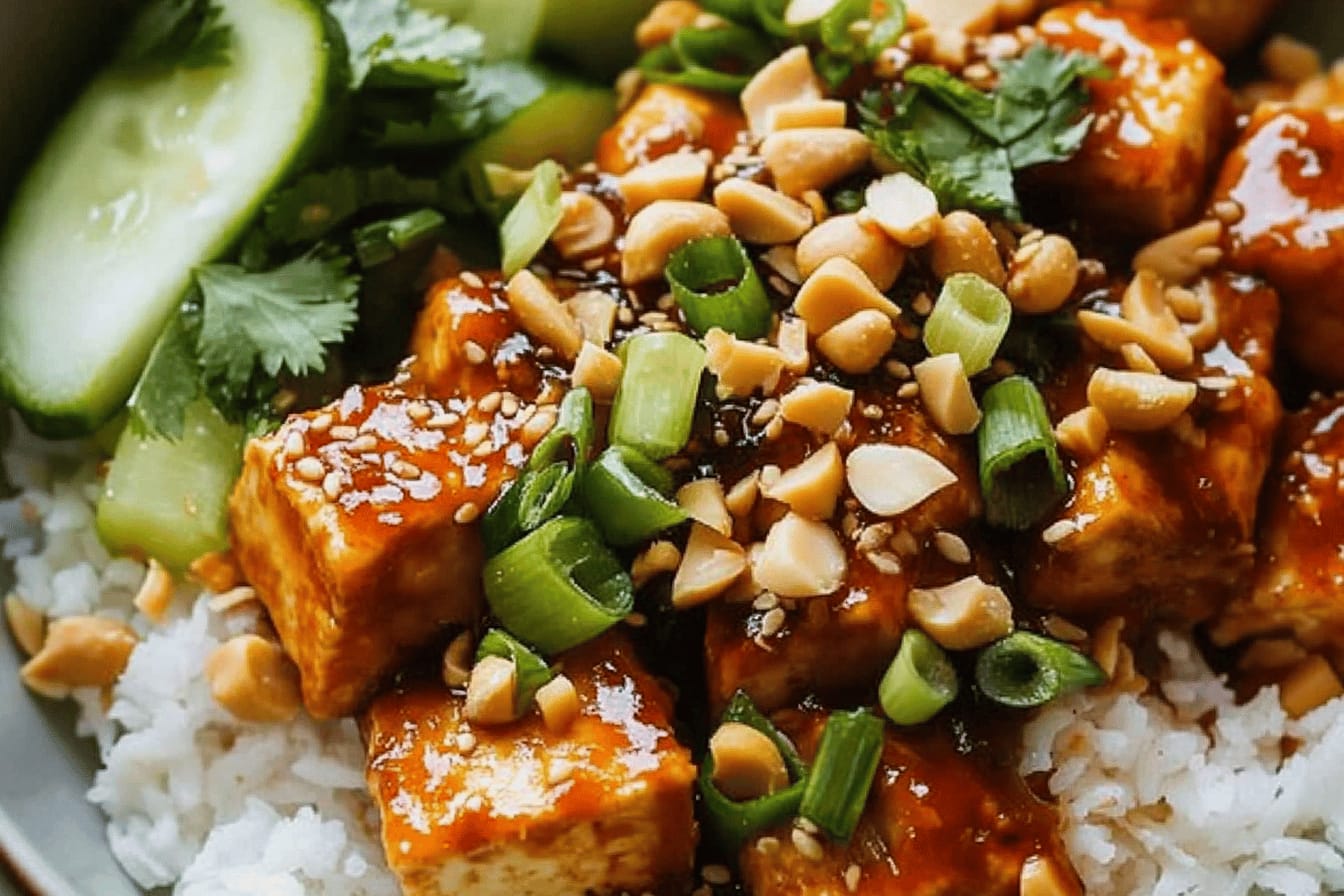 Sticky Gochujang Tofu with Peanuts and Herbs
