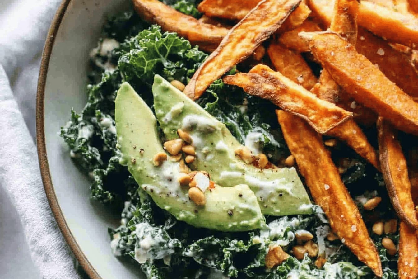 Avocado Kale Caesar Salad with Sweet Potato Fries